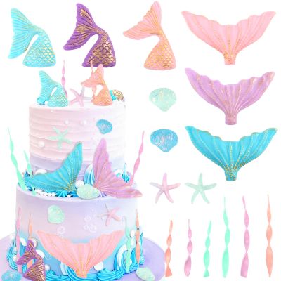 16Pcs Mermaid Cake Topper Mermaid Tail Cake Decorations with Seaweed Shells for Sea Ocean Theme Wedding Birthday Party Supplies