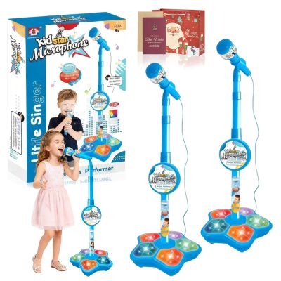 The All-in-One Microphone Toy, Funny Kids Microphone with Adjustable Stand, Speaker & Colorful LED, Multi-Functional Karaoke Microphone Toy for Boys & Girls, Gifts for Little Singers (2-Blue)