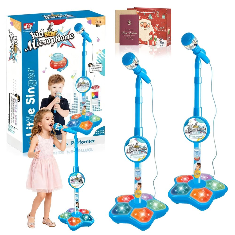 The All-in-One Microphone Toy, Funny Kids Microphone with Adjustable Stand, Speaker & Colorful LED, Multi-Functional Karaoke Microphone Toy for Boys & Girls, Gifts for Little Singers (2-Blue)