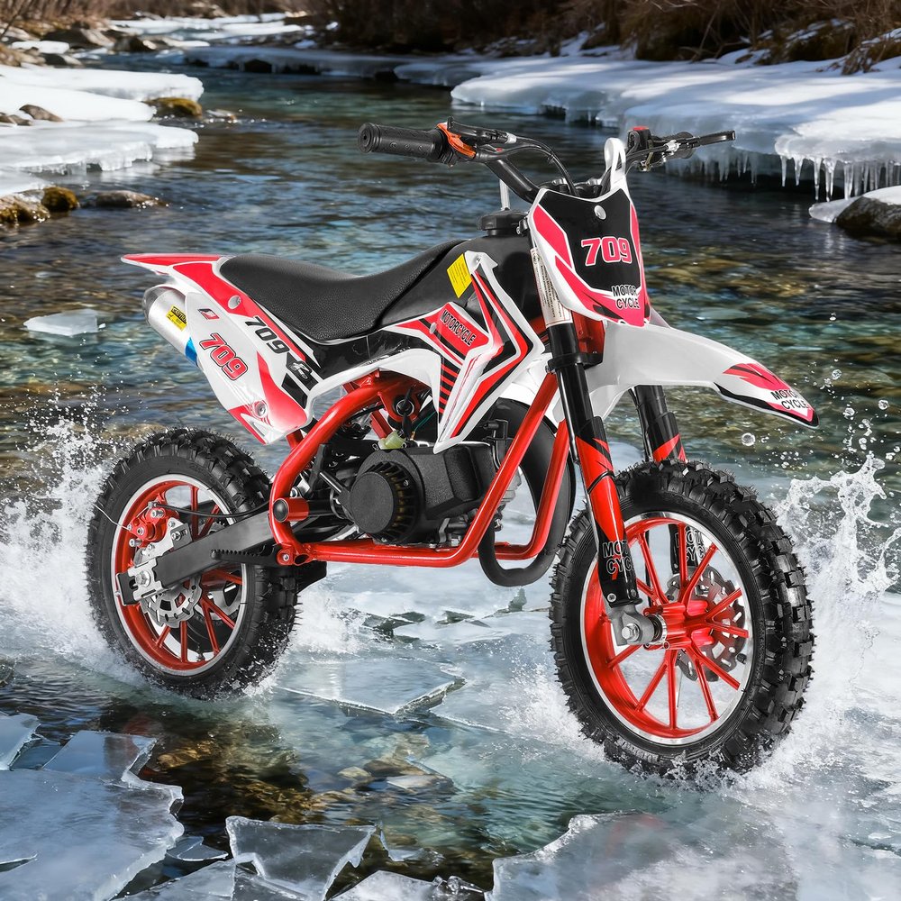 49cc 2-Stroke Kids Dirt Bike, Gas Power Motocross, Off Road Mini Motorcycle, Pocket Motorbike with Front Rear Disc Brakes, Racing Max Speed 30KM/H Red Red
