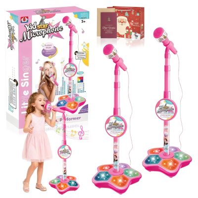 The All-in-One Microphone Toy, Funny Kids Microphone with Adjustable Stand, Speaker & Colorful LED, Multi-Functional Karaoke Microphone Toy for Boys & Girls, Gifts for Little Singers (2-Pink)