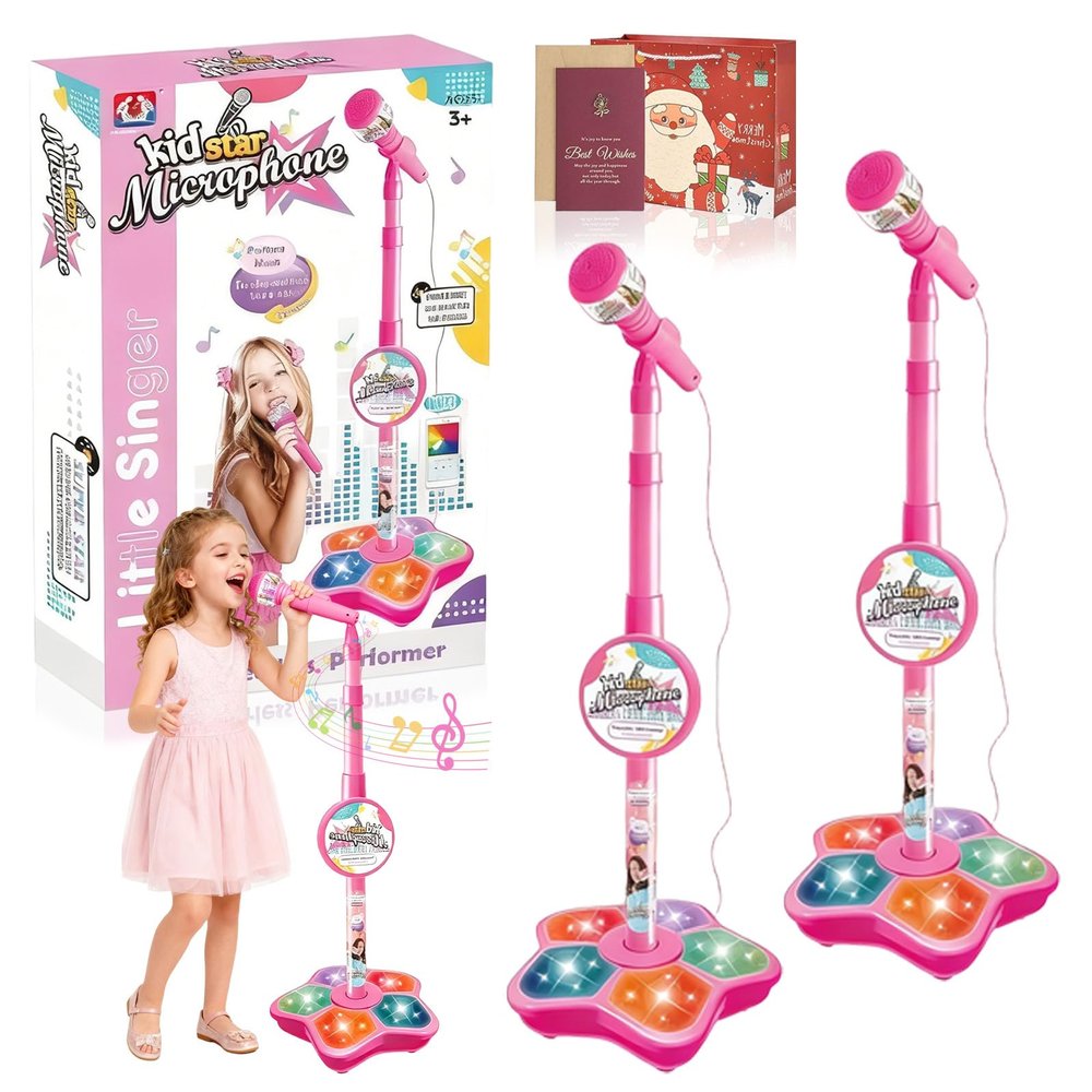 The All-in-One Microphone Toy, Funny Kids Microphone with Adjustable Stand, Speaker & Colorful LED, Multi-Functional Karaoke Microphone Toy for Boys & Girls, Gifts for Little Singers (2-Pink)