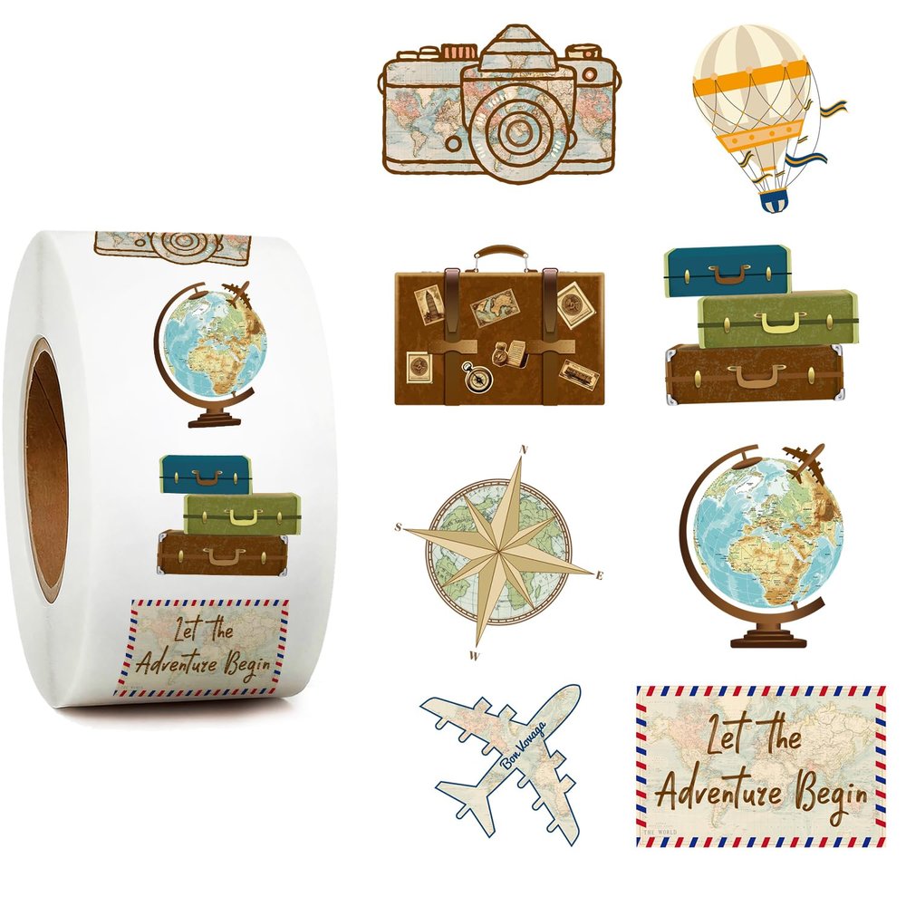 1000pcs Retro Travel Stickers in 1 Roll for Travel Scrapbook Supplies, Passport Stickers Perfect for Party Decoration and Stickers for Luggage