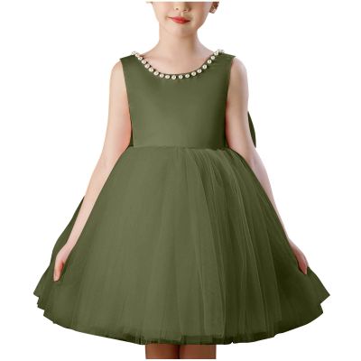 2025 Girl Formal Dress Sleeveless Chiffon Princess Tulle Dress Birthday Wedding Performance Costume for 4-12Years Army Green