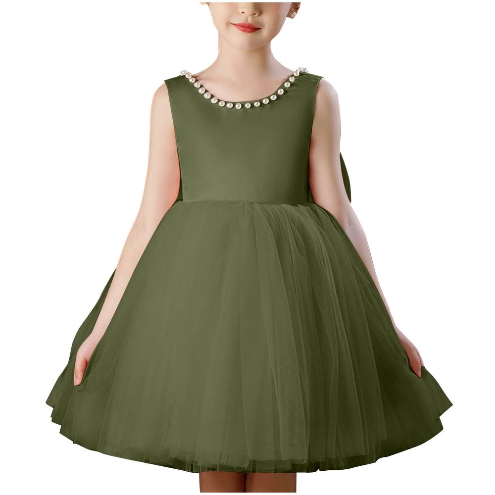 2025 Girl Formal Dress Sleeveless Chiffon Princess Tulle Dress Birthday Wedding Performance Costume for 4-12Years Army Green
