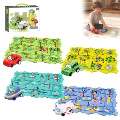Puzzle Racer Kids Car Track Set, Puzzle Track Play Set with Vehicles, Educational Puzzle (4 Set,25 pcs)
