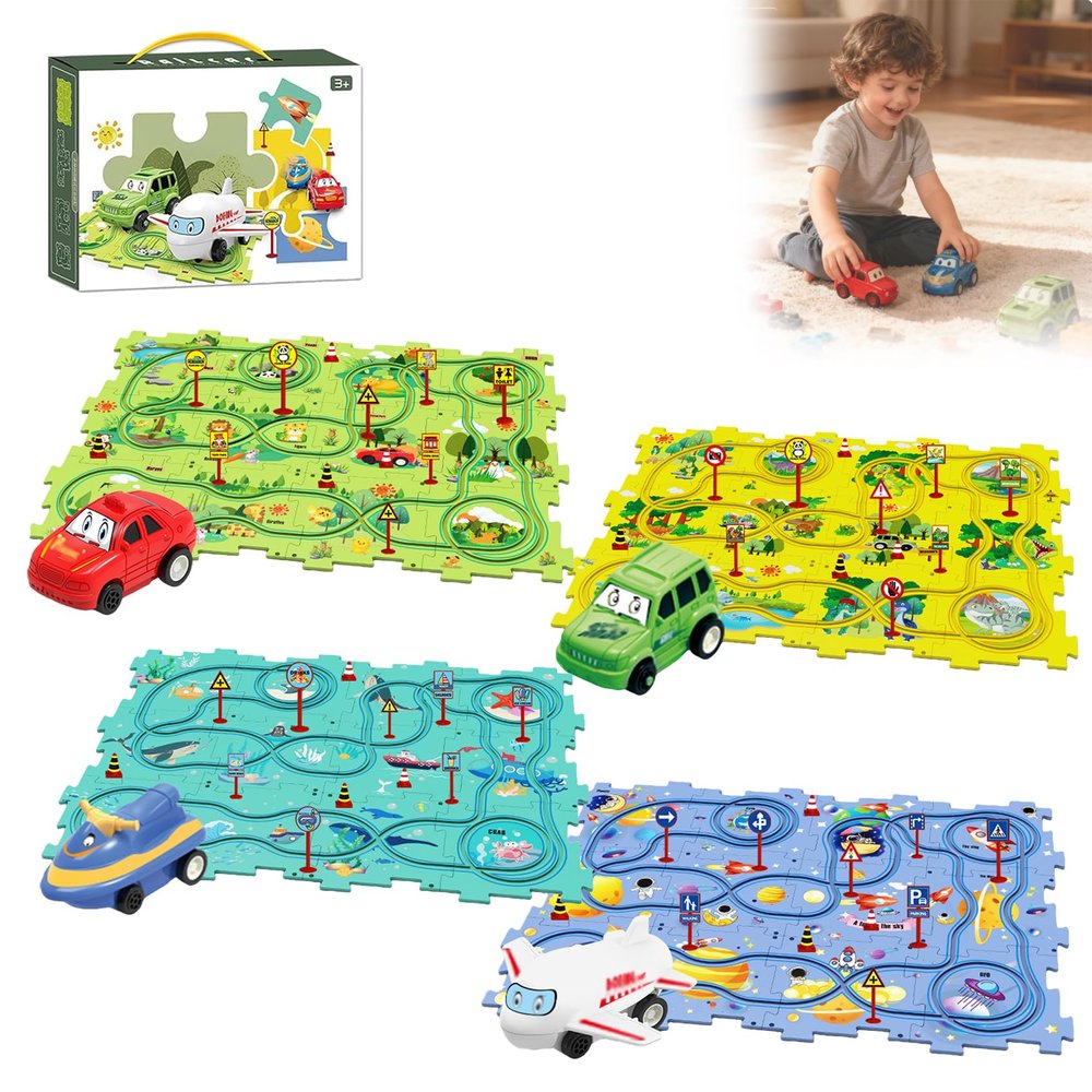 Puzzle Racer Kids Car Track Set, Puzzle Track Play Set with Vehicles, Educational Puzzle (4 Set,25 pcs)