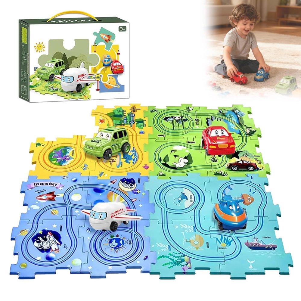 Puzzle Racer Kids Car Track Set, Puzzle Track Play Set with Vehicles, Educational Puzzle (4 Set,5 pcs)