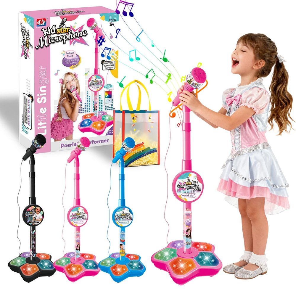 All in One Microphone Toy for Kids, 2026 New Kids Microphone with Adjustable Stand, Karaoke Microphone with Speaker & Colorful LED, for Phones, MP3 & Tablets, for Boys Girls (Pink)