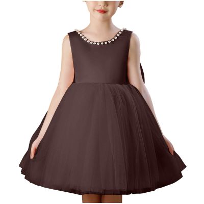 2025 Girl Formal Dress Sleeveless Chiffon Princess Tulle Dress Birthday Wedding Performance Costume for 4-12Years Brown