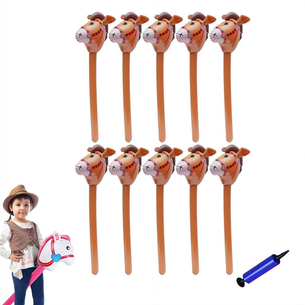 Inflatable Stick Horse,Blow Up Horse Head on Stick Pony Costume Western Cowboy Cowgirl for Parties, Outdoor Games, Carnivals & Birthday Activities (Brown 10pcs)