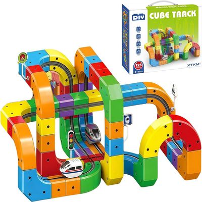 Electric Train Set, Flexible Track Fusion Train Set, DIY Race Car Track Building Kits with Train and Traffic Signs, for 4-10 Year Old Boys Girls Christmas Birthday Party Gifts (123pcs)