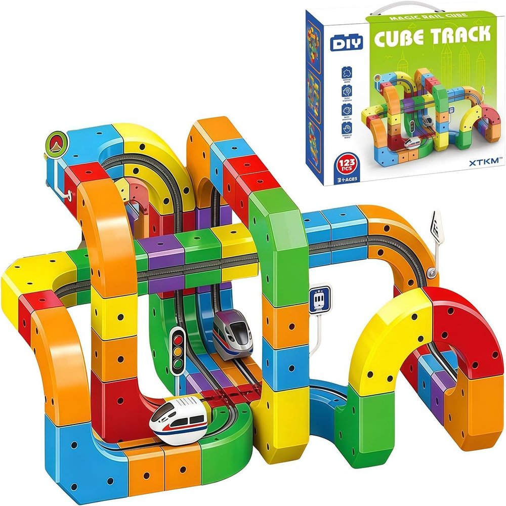 Electric Train Set, Flexible Track Fusion Train Set, DIY Race Car Track Building Kits with Train and Traffic Signs, for 4-10 Year Old Boys Girls Christmas Birthday Party Gifts (123pcs)