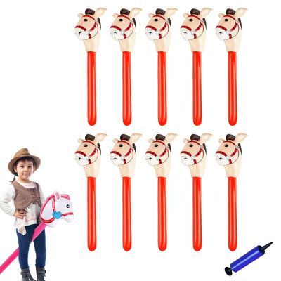 Inflatable Stick Horse,Blow Up Horse Head on Stick Pony Costume Western Cowboy Cowgirl for Parties, Outdoor Games, Carnivals & Birthday Activities (Red 10pcs)