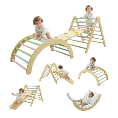 EOJDDPA Foldable Wooden Climbing Toys for 1 Year Old, Indoor Jungle Gym for Kids Ages 1-3, Montessori Climbing Set with Arch Ramp & Ladder, 3-in-1 Toddler Climbing Toy for Indoor Play