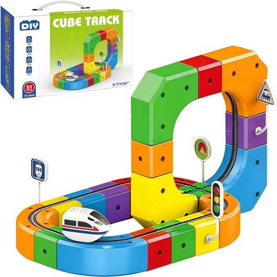 Electric Train Set, 3D Magic Flexible Race Track, DIY Track Fusion Train Set with Train and Traffic Signs, for 4-10 Year Old Boys Girls Christmas Birthday Party Gifts (51pcs)