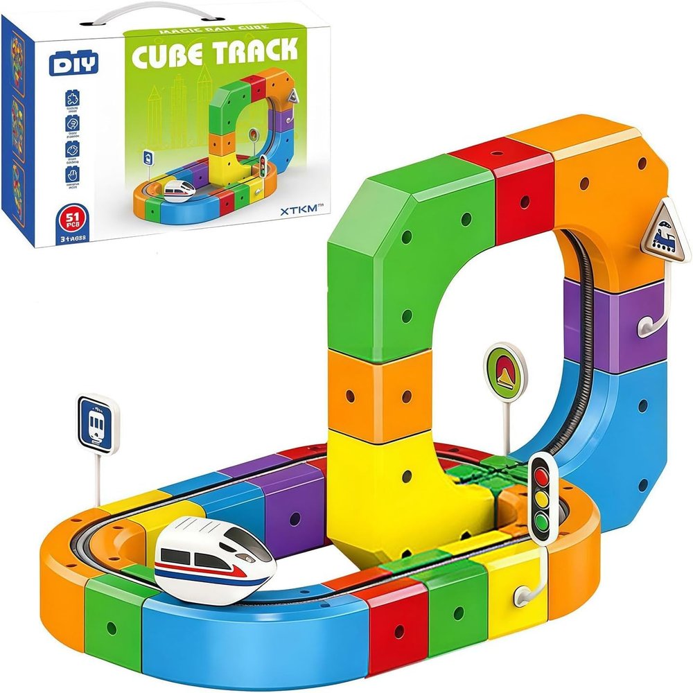 Electric Train Set, 3D Magic Flexible Race Track, DIY Track Fusion Train Set with Train and Traffic Signs, for 4-10 Year Old Boys Girls Christmas Birthday Party Gifts (51pcs)