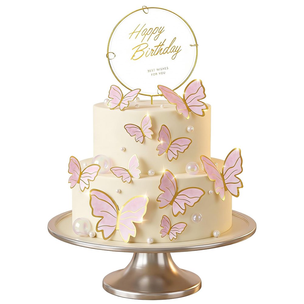 10 Pcs Butterfly Cake Toppers Decorations, Butterfly Cupcake Toppers with Gold Happy Birthday Topper for Cake Decor, Happy Birthday, Baby Shower Party Cakes Decorations, Pink