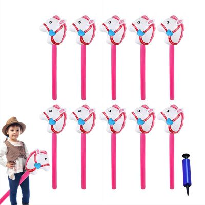 Inflatable Stick Horse,Blow Up Horse Head on Stick Pony Costume Western Cowboy Cowgirl for Parties, Outdoor Games, Carnivals & Birthday Activities (Pink 10pcs)