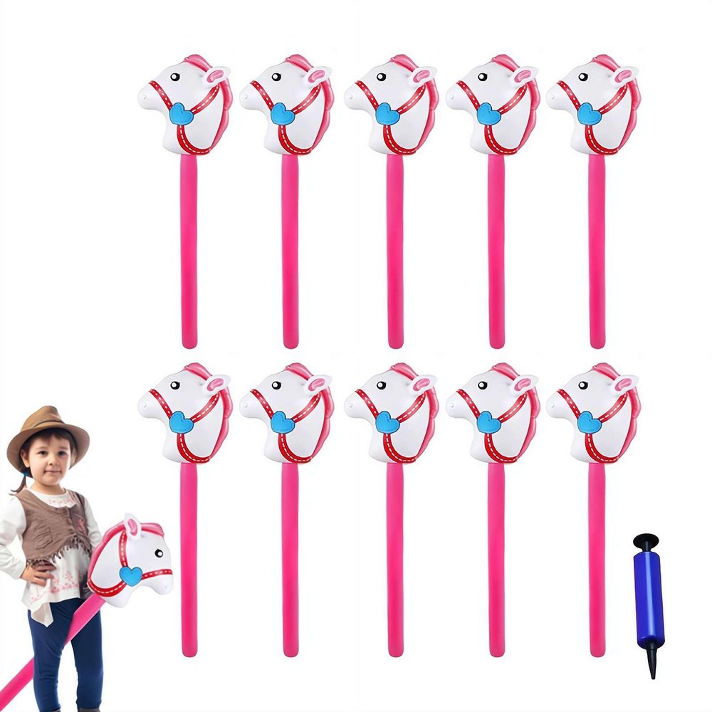Inflatable Stick Horse,Blow Up Horse Head on Stick Pony Costume Western Cowboy Cowgirl for Parties, Outdoor Games, Carnivals & Birthday Activities (Pink 10pcs)