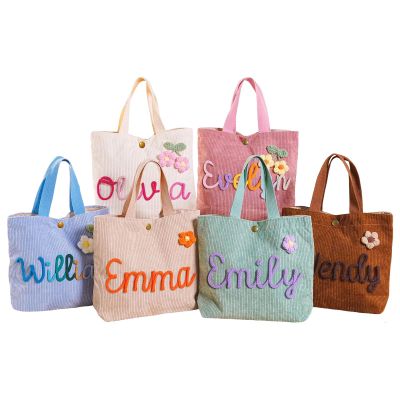 Personalized Kids Corduroy Tote Bag - Custom Name Children's Handbag with Snap Closure, Toddler Gift for Christmas Birthday Baby Shower