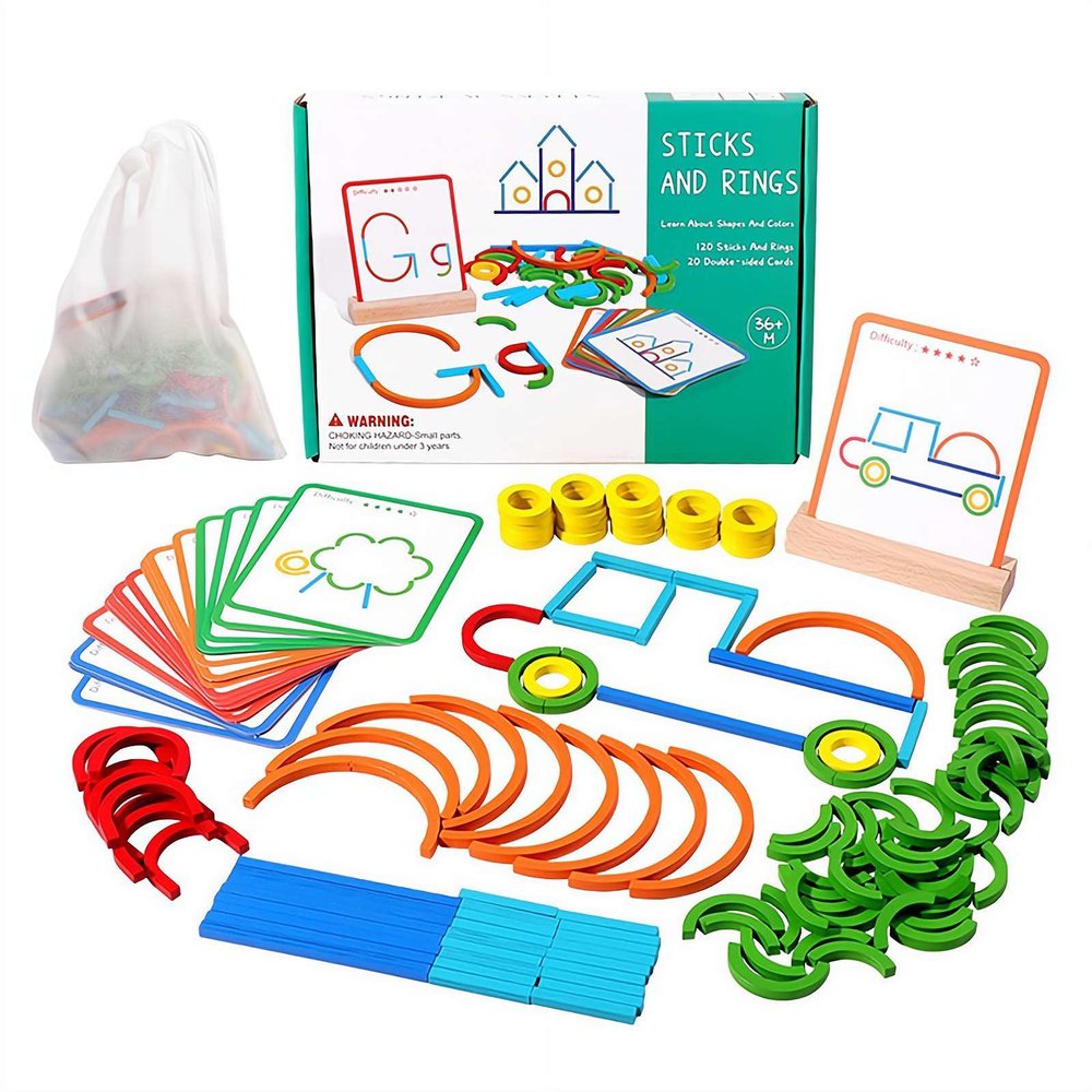 120pcs Wooden Pattern Blocks Smart Sticks for Toddlers, Wooden Tangram Puzzle Toy Preschool Educational Games Toys Gift for 3 4 5 6 Years Old Kids Boys Girls