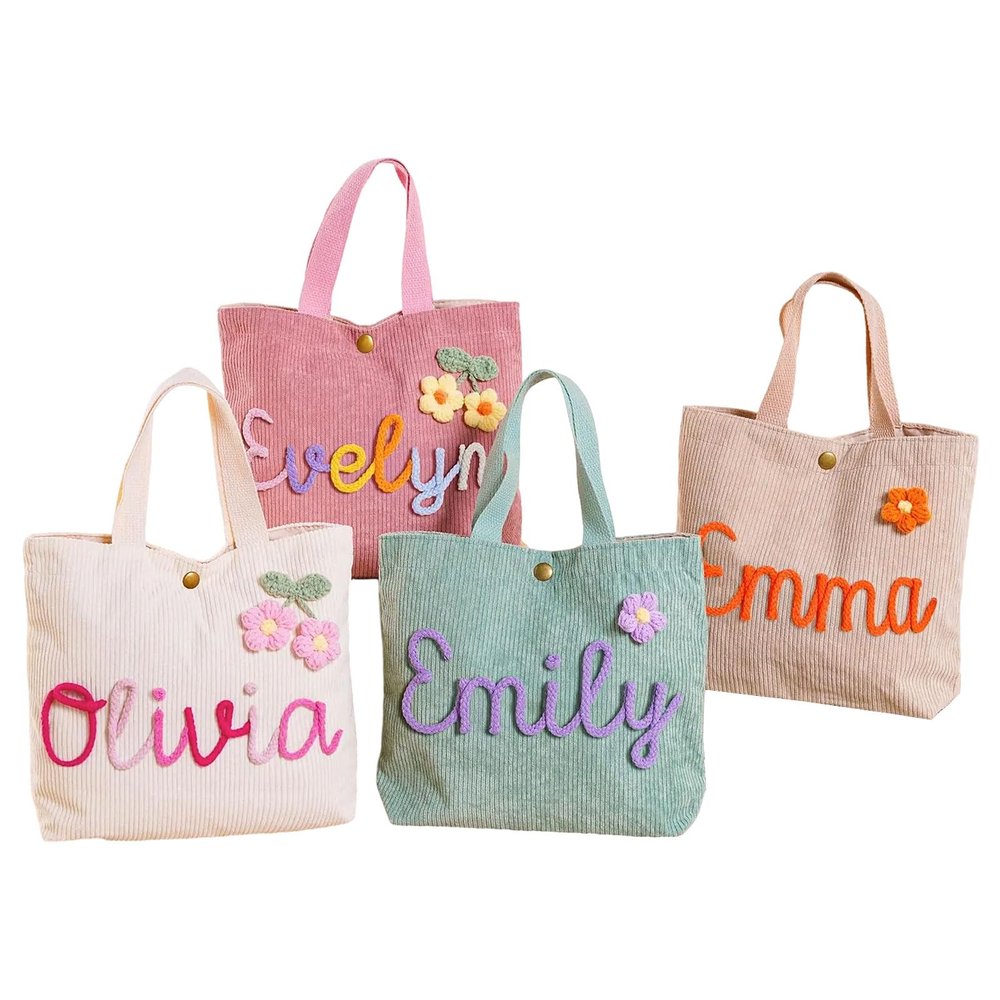 Personalized Corduroy Tote Bag for Kids - Custom Name Children's Handbag with Snap Closure, Toddler Gift for Christmas and Baby Shower