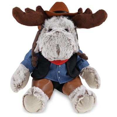 DolliBu Moose with Clothes Stuffed Animal Cowboy Plush with Name Personalization - Western-Themed Moose Plush with Cute Cowboy Costume Denim Shirt Vest, Bandana, Leather Pants, and Hat - 10 Inches