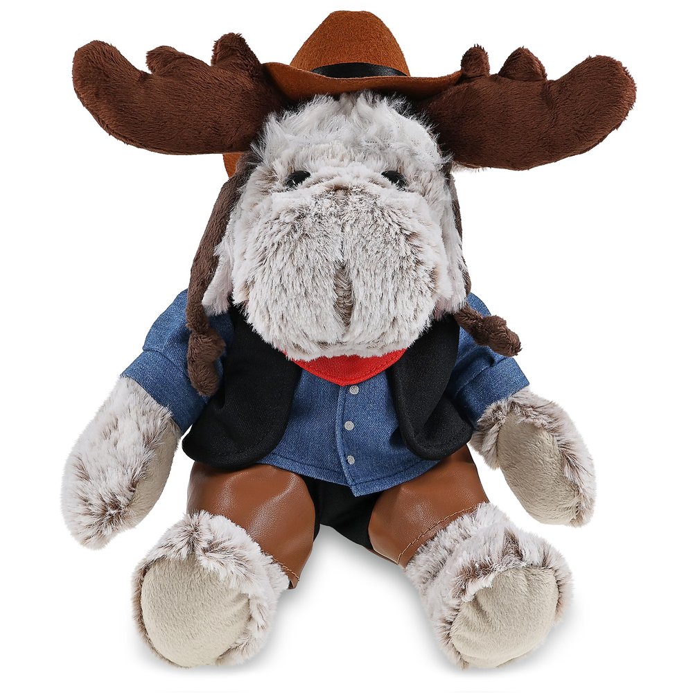 DolliBu Moose with Clothes Stuffed Animal Cowboy Plush with Name Personalization - Western-Themed Moose Plush with Cute Cowboy Costume Denim Shirt Vest, Bandana, Leather Pants, and Hat - 10 Inches