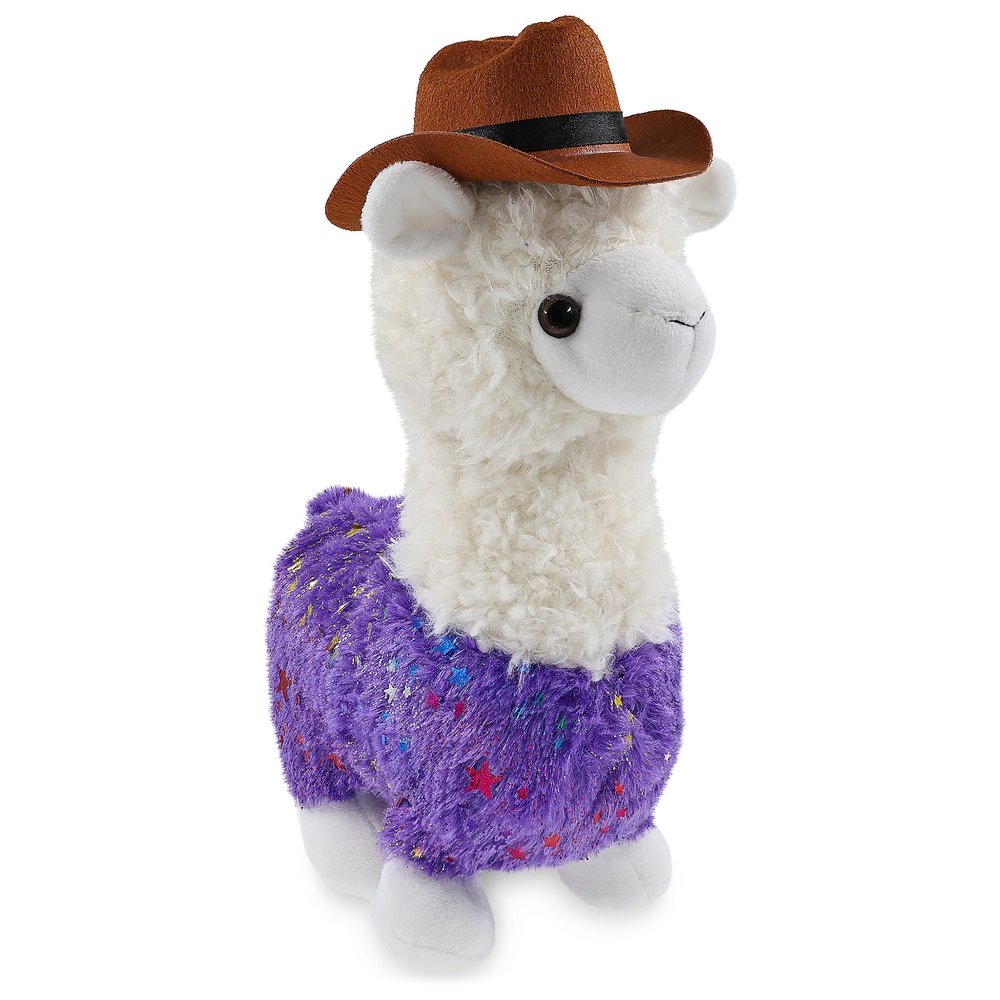 DolliBu Sparkle Eyes Purple Llama Stuffed Animal Cowboy Hat Plush with Name Personalization - Western-Themed Llama Plush with Cute Cowboy Costume Hat - 11 Inches