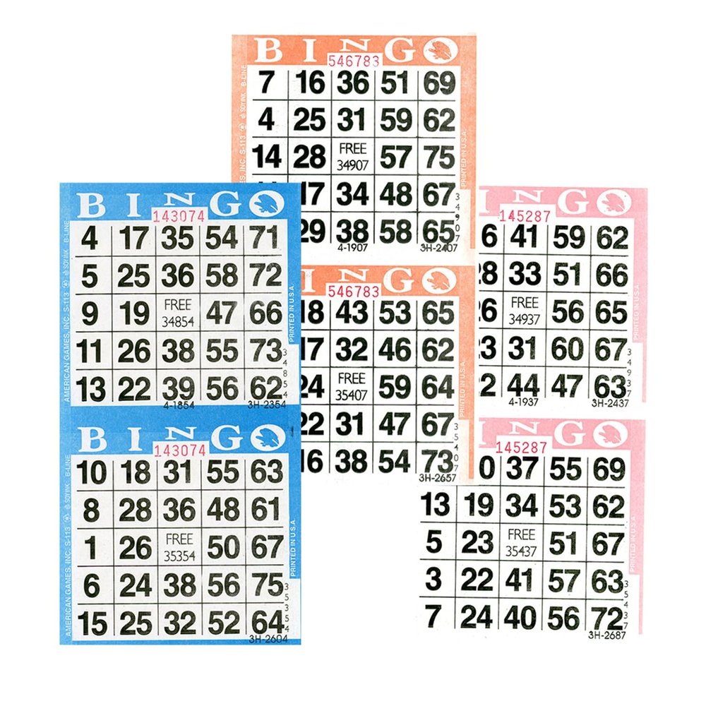 American Games Bingo Paper Game Cards - 2 Card - Triple Pack - 750 Blue - 750 Orange - 750 Pink - 3 Colors, Made in USA