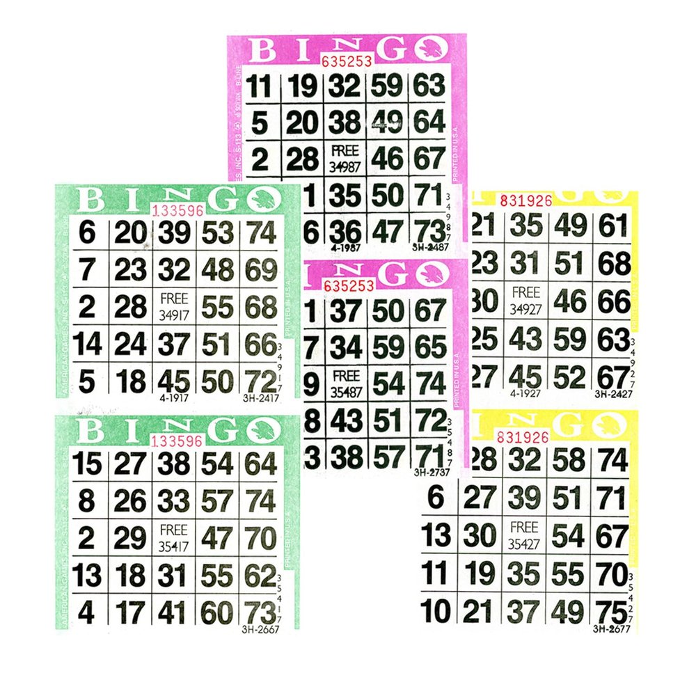 American Games Bingo Paper Game Cards - 2 Card - Triple Pack - 750 Green - 750 Purple - 750 Yellow - 3 Colors, Made in USA