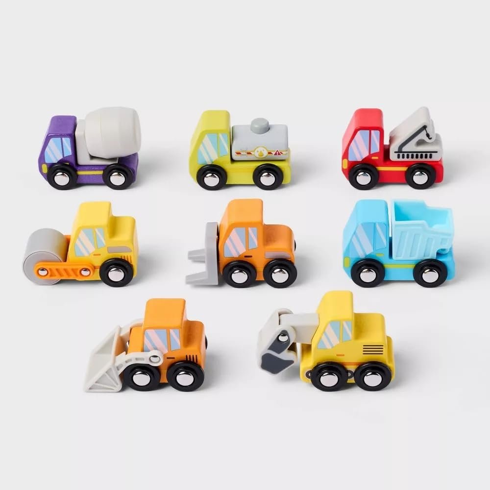 Giggle Scape Construction Car Set 9-Piece Set with 8 Mini Vehicles & Yellow Carrying Case Durable Wooden Construction Trucks for Kids Cement Mixer, Dump Truck, Bulldozer Ages 2+
