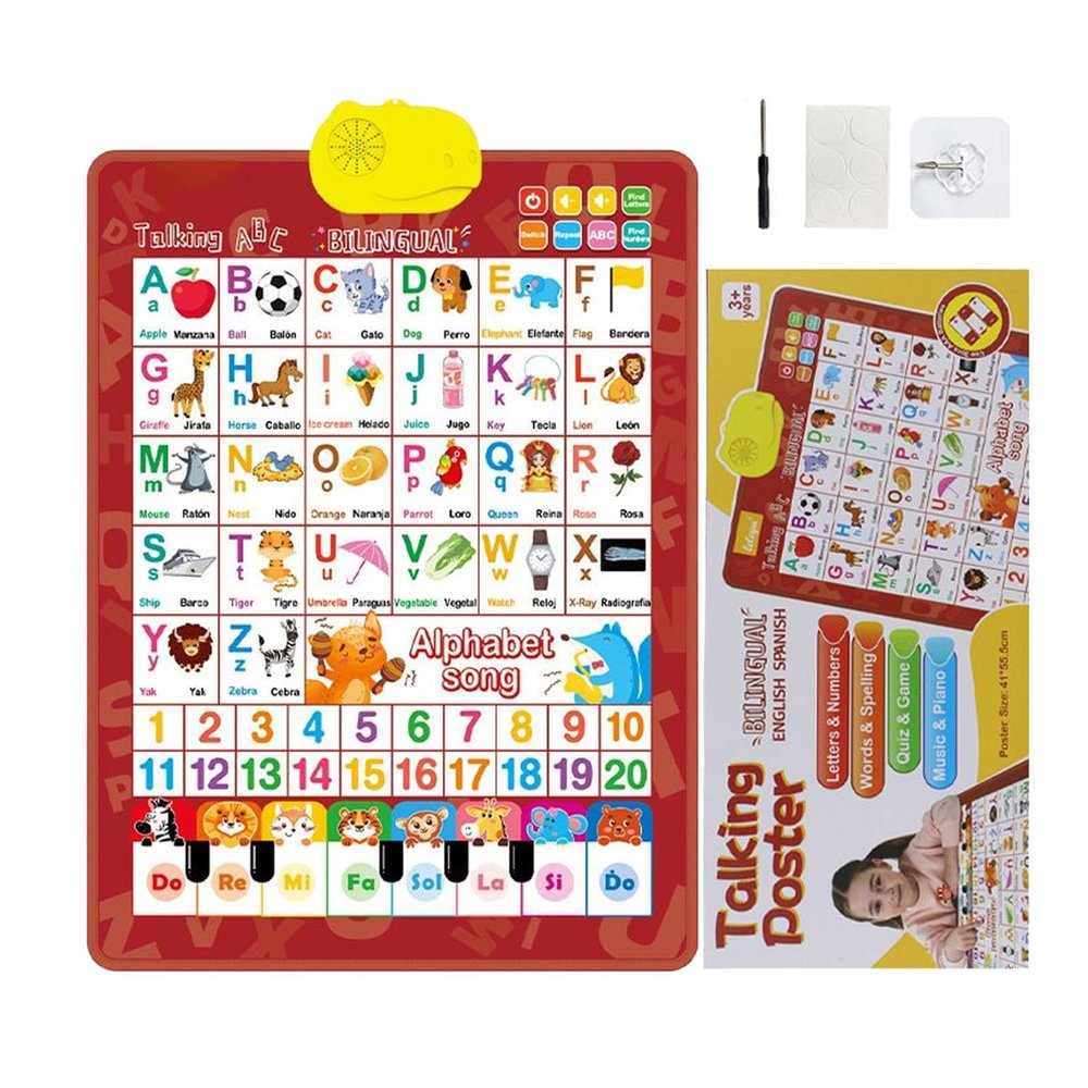 2025 New Talking Wall Chart for Kids English and Spanish Learning Posters Electronic Interactive Alphabet Wall Chart with Songs, Numbers, Animal Words & Piano for Ages 1-6 Language Learning