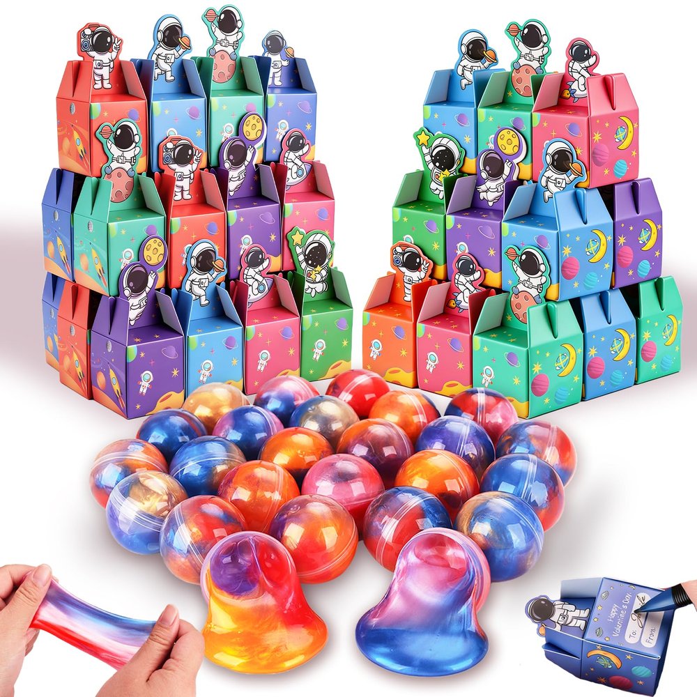 28 Pack Kids Valentines Day Galaxy Slime Gift Set with Greeting Card Box Stress Relief Fidget Toy for Classroom Exchange School Prizes Birthday Supplies