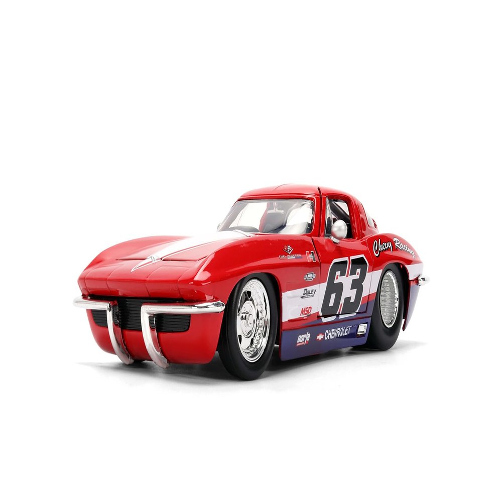 Jada 1963 Chevy Corvette Stingray #63 - Chevy Racing, Red w/White Stripes Toys 36594-1/24 Scale Diecast Model Car