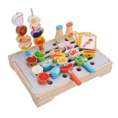 Diydeg Wooden Kids BBQ Grill Playset, Multifunction Simulation Kitchen Toy with 25 PCS Food and Grilling Tools, Toddlers Boys Girls Age 3+