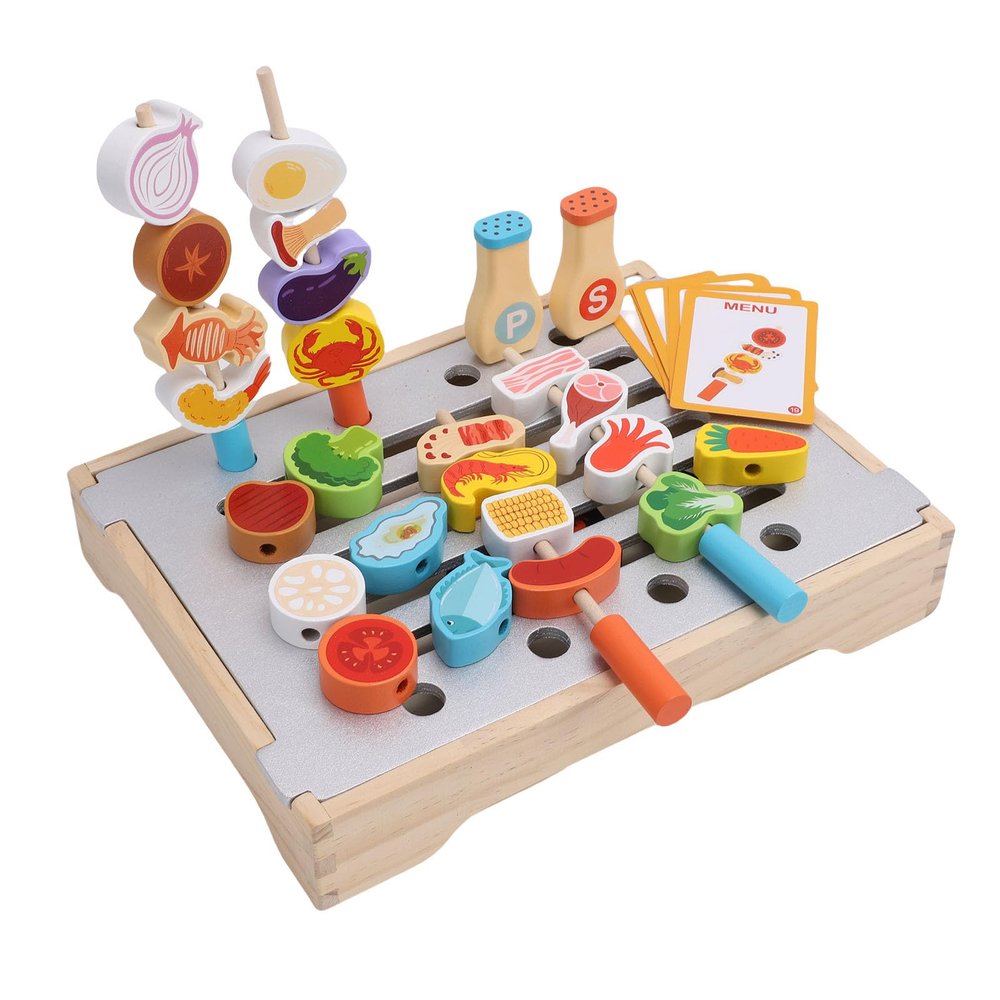Diydeg Wooden Kids BBQ Grill Playset, Multifunction Simulation Kitchen Toy with 25 PCS Food and Grilling Tools, Toddlers Boys Girls Age 3+