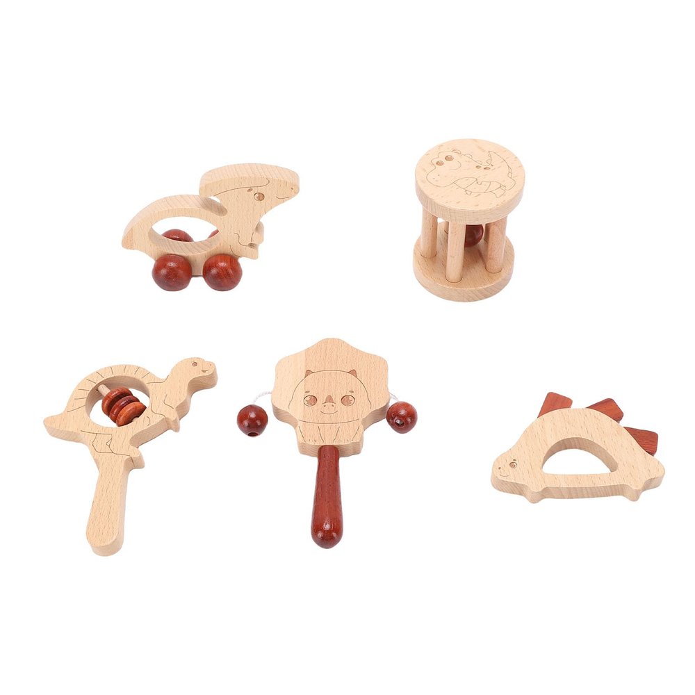 Diydeg Wooden Baby Rattle, 5PCS Baby Push Car Baby Toys Toy Musical Instrument, Newborn Toy for Infant Grasping Shaker Teething Boys and Girls Gifts
