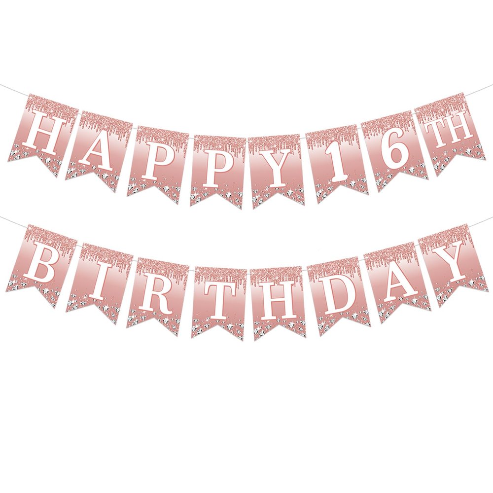 16 Banner Happy 16th Birthday Banner Girls Birthday Party Decorations Bunting Hanging Garland For Girls' 16 Sixteen Years Theme Party Decoration Photo Backdrop Rose Gold