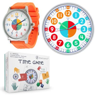 OWLCONIC Learning to Tell Time Bundle, Analog Wall Clock, Time Game, Kids Wristwatch  Orange