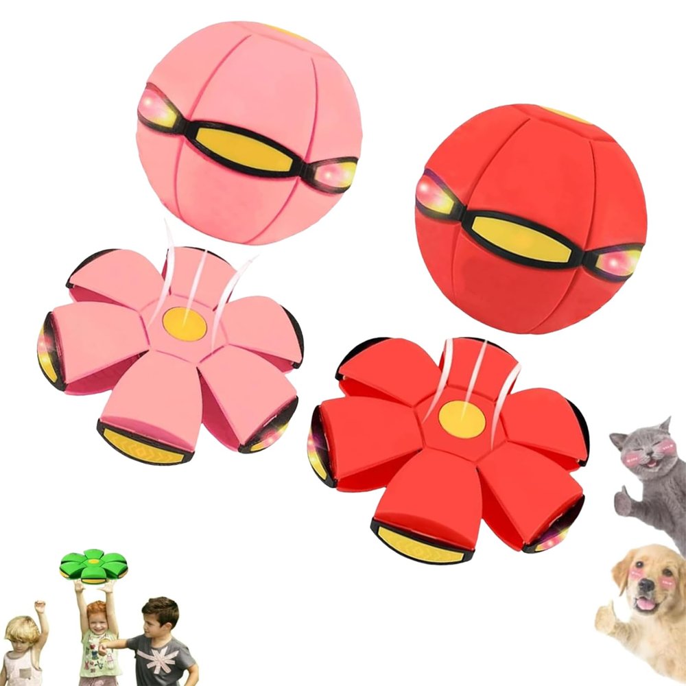 2026 New Children's Bouncing Ball, Magic Metaball, Magic Flying Saucer, Bouncy Ball, Parent-Child Interaction, Dual Form Freely Switchable, with 6 Light (Red + Macaron Pink)