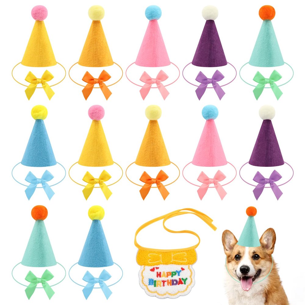 12pcs Mini Party Hats for Stuffed Animals, Felt Cone Hats Dolls Dog Cat Rabbit Puppies Assorted Animal Birthday Party Decorations