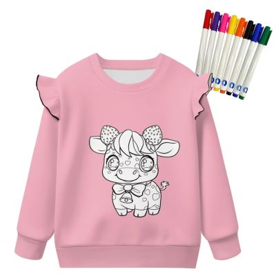 Fkwergsy Coloring Craft Coloring Shirt Cute Cow Sweatshirt for Girls Color Your Own Personalized Colorable Shirts DIY Doodle Activity for Girls, Pink