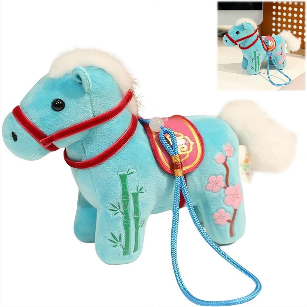 2026 Year of The Horse Chinese New Year Ornaments,Chinese Zodiac Horse Pendant Statues Plush Toy Chines-e New Yea-r Mascot Figurine Stuffed Animal for Spring Festival Home Decor (Blue)