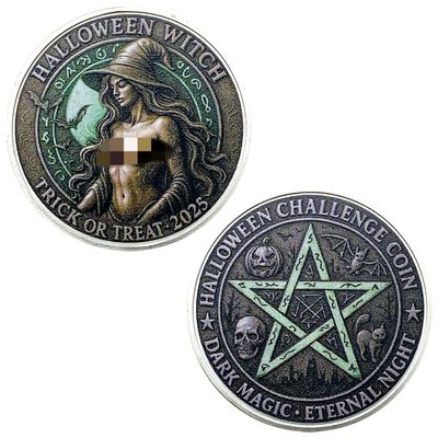 2025 Halloween Witch Trick or Treat Challenge Coin - Dark Magic Eternal Night Collectible Token, Double-Sided Printing Coin with Pumpkin Skull Bat Motifs for Halloween Party Decor & Gifts
