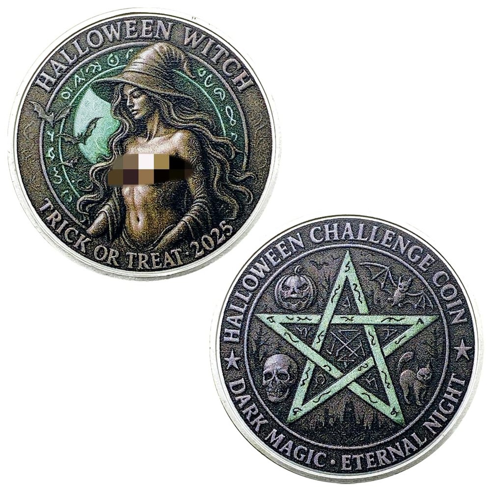 2025 Halloween Witch Trick or Treat Challenge Coin - Dark Magic Eternal Night Collectible Token, Double-Sided Printing Coin with Pumpkin Skull Bat Motifs for Halloween Party Decor & Gifts