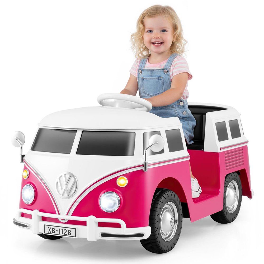 Licensed Volkswagen 12V Kids Ride on Car by INFANS with Cup Holder, LED Headlight, Music & Horn, Kids Electric Vehicles Bus for 3-6 Years Old (Pink)