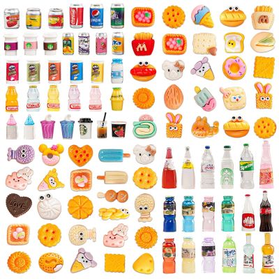 100pcs Miniature Food Drink Mini Brand Bottles Soda Pop Cans Cake Ice Cream Pretend Play Kitchen Game Party Accessories Toys for 1/12 Doll House Resin Food Figures Dollhouse Kitchen Decorations