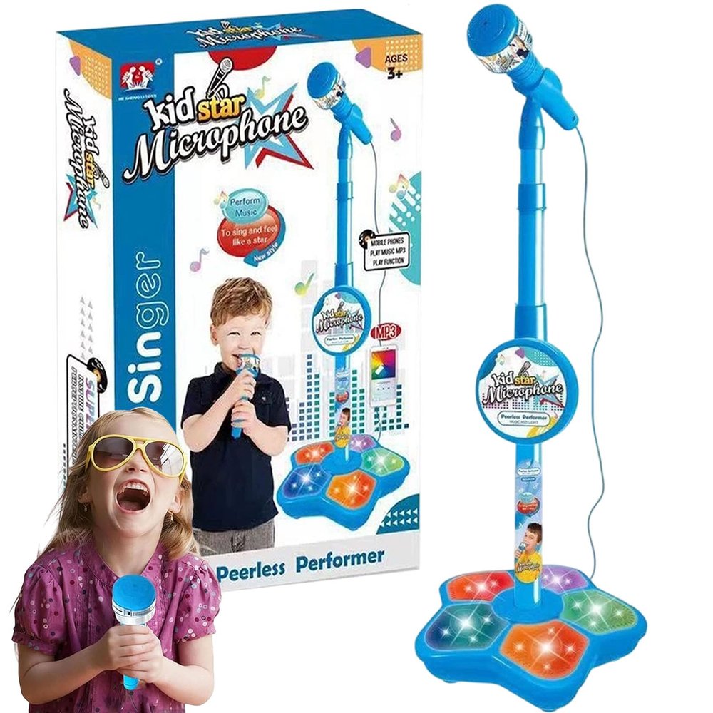 The All-in-One Microphone Toy, Portable Kids Karaoke Machine, Kids Microphones with Stand with Music & Colorful Light, Guitar Toys Birthday for Girls Boys (Blue, Microphone)